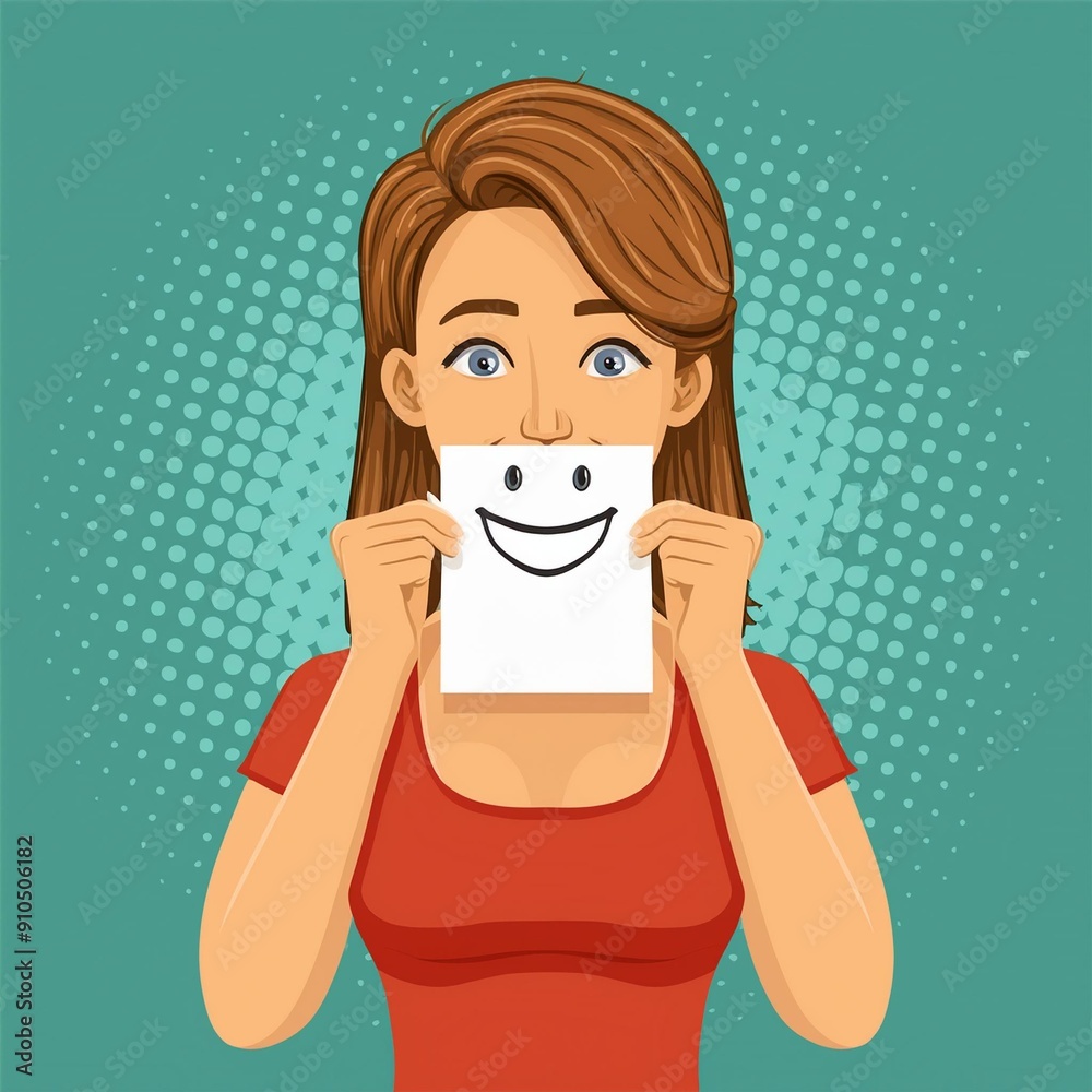 Young happy female writing smile on paper and placing on her mouth. Concept of smiling, happiness, lifestyle, mental health, mental wellbeing. Comic book theme vector illustration cartoon character Young happy female writing smile on paper and placing on her mouth. Concept of smiling, happiness, lifestyle, mental health, mental wellbeing. Comic book theme vector illustration cartoon character