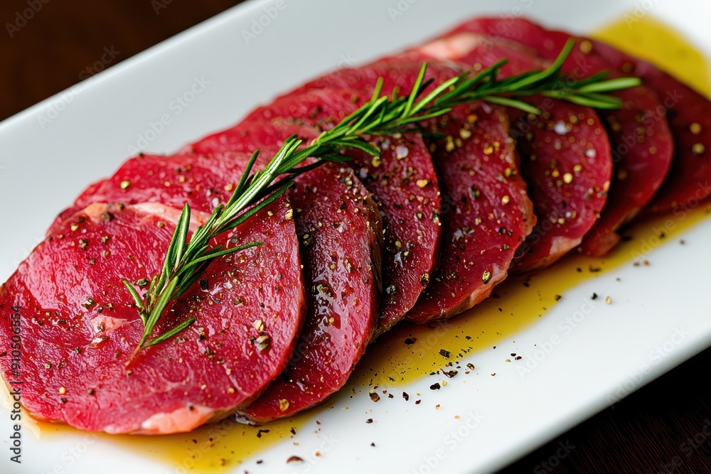 Thin slices of raw beef tenderloin are beautifully arranged, seasoned with a blend of spices and drizzled with olive oil, making for a visually enticing and flavorful appetizer.
Thin slices of raw beef tenderloin are beautifully arranged, seasoned with a blend of spices and drizzled with olive oil, making for a visually enticing and flavorful appetizer.