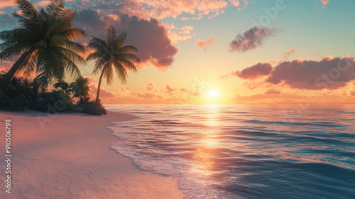 A tranquil beach scene at sunset