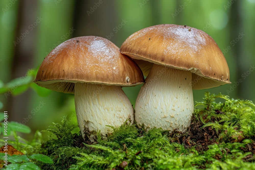 Two brown and white mushrooms sprout from the forest floor, surrounded by vibrant green moss. The bright, natural lighting makes this an ideal stock image.
Two brown and white mushrooms sprout from the forest floor, surrounded by vibrant green moss. The bright, natural lighting makes this an ideal stock image.