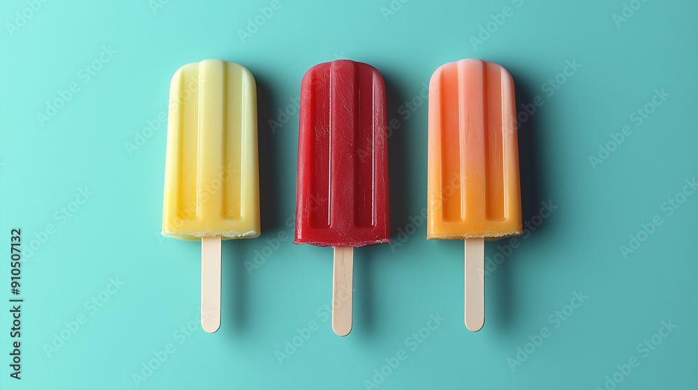 Three colorful popsicles on a blue background. 
