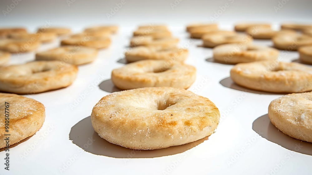 A white counter holds a line of doughnuts A white counter holds a line of doughnuts