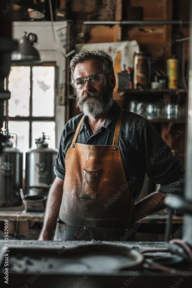 A person working on a project in a workshop, surrounded by tools and materials A person working on a project in a workshop, surrounded by tools and materials