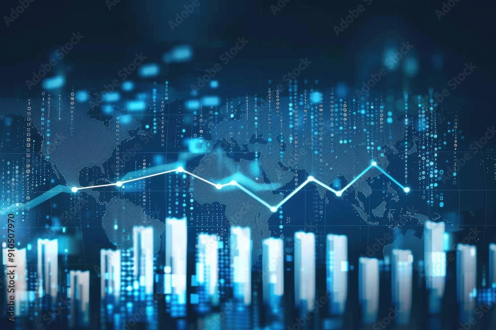 A digital world map with global stock market trends and growth bar charts, illustrating the concept of business financial success in various countries Generative AI A digital world map with global stock market trends and growth bar charts, illustrating the concept of business financial success in various countries Generative AI