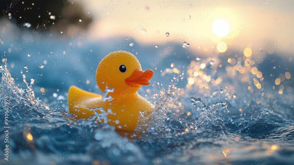 A cheerful yellow rubber duck bobs in the water with playful splashes all around, evoking a sense of happiness and nostalgia.
A cheerful yellow rubber duck bobs in the water with playful splashes all around, evoking a sense of happiness and nostalgia.