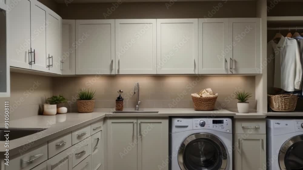 laundry room with bright cabinets and stainless steel appliances. Highlight functional areas like the folding station and utility sink under bright task lighting laundry room with bright cabinets and stainless steel appliances. Highlight functional areas like the folding station and utility sink under bright task lighting