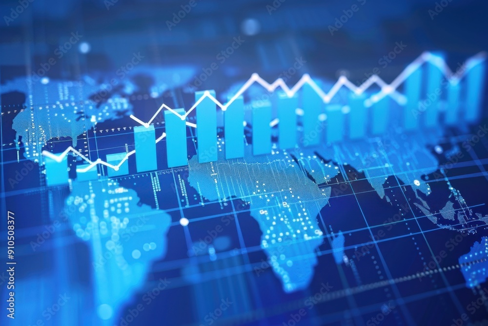A blue digital background with an upward arrow and bar graph on top of the world map, representing global business growth or stock market trends The arrows symbolize progress Generative AI A blue digital background with an upward arrow and bar graph on top of the world map, representing global business growth or stock market trends The arrows symbolize progress Generative AI