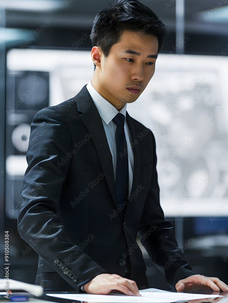Chinese businessman wearing black suit white shirt slim tie working in hi tech office Chinese businessman wearing black suit white shirt slim tie working in hi tech office