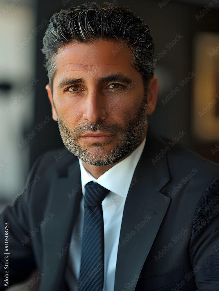 Professional senior Lebanese businessman dressed in black suit, white shirt, dark blue tie looking into camera. Professional senior Lebanese businessman dressed in black suit, white shirt, dark blue tie looking into camera.