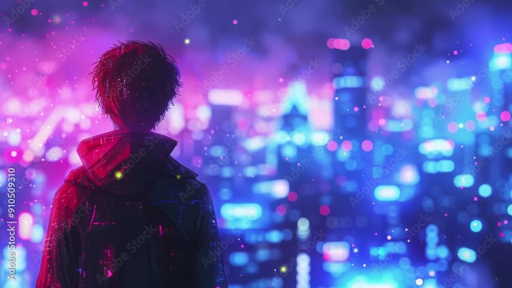 lofi animation of anime boy in cityscape, silhouettes against colorful lights