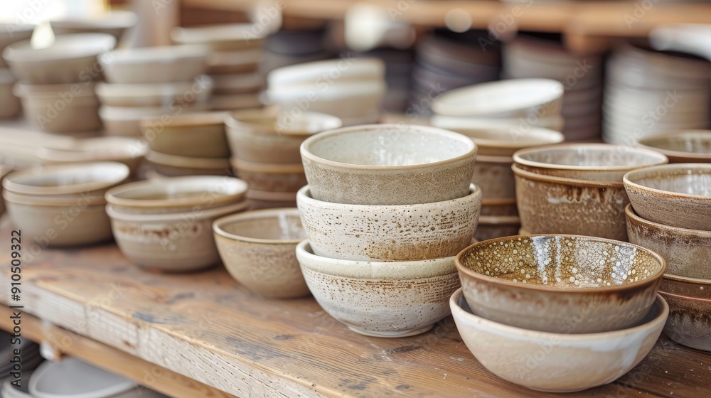 A table full of bowls of different sizes and shapes. The bowls are arranged in a way that they are stacked on top of each other