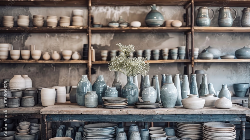 A table full of blue and white ceramic plates and bowls. The table is surrounded by shelves full of various types of pottery A table full of blue and white ceramic plates and bowls. The table is surrounded by shelves full of various types of pottery