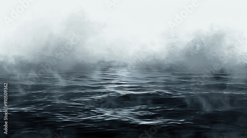  A monochrome image depicting a vast expanse of water with considerable steam rising from its surface