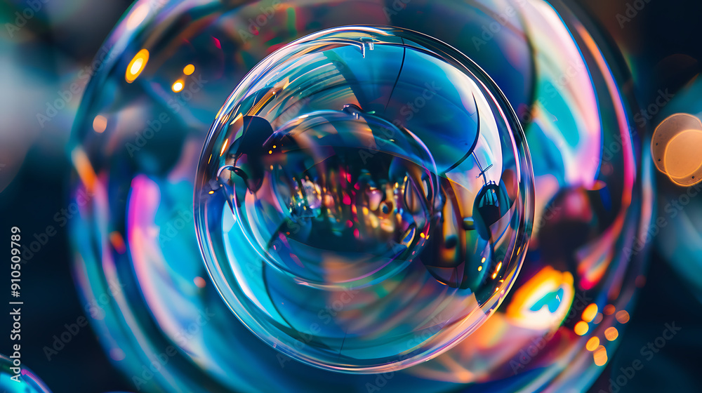 a close-up of a transparent, reflective bubble or sphere with iridescent colors. The colors create a beautiful effect against the dark background a close-up of a transparent, reflective bubble or sphere with iridescent colors. The colors create a beautiful effect against the dark background