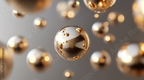 Golden balls float and bounce across a gray background in a digital art scene.