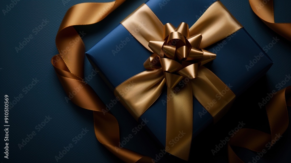 Dark blue gift box with elegant gold ribbon Dark blue gift box with elegant gold ribbon