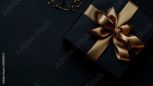 Dark black gift box with elegant gold ribbon