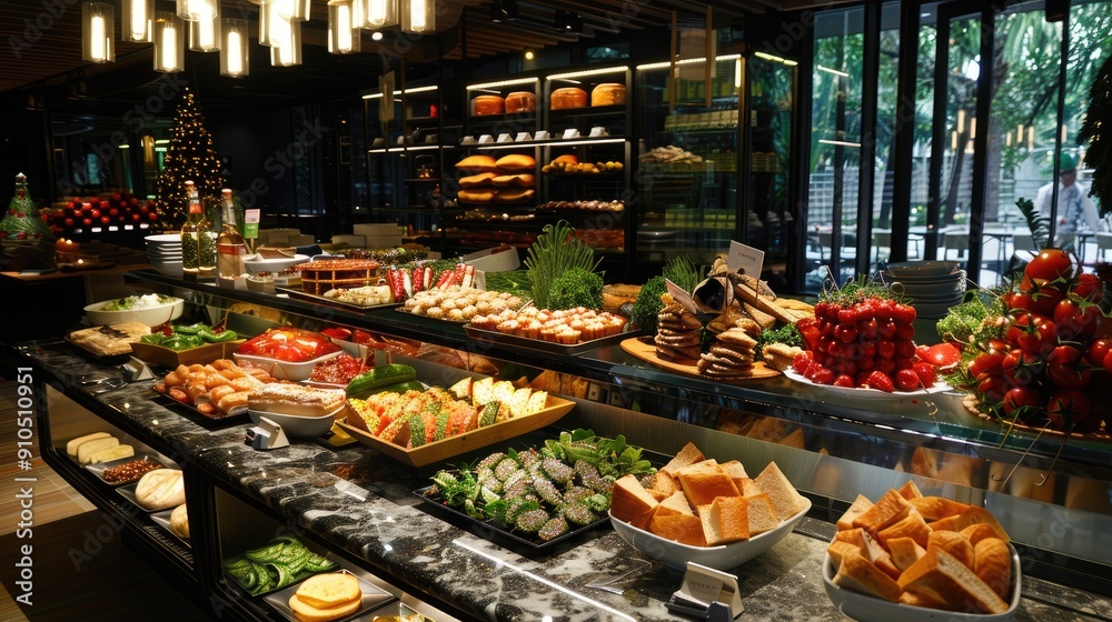 A buffet with a variety of food including sandwiches, salads, and fruit. The atmosphere is casual and inviting A buffet with a variety of food including sandwiches, salads, and fruit. The atmosphere is casual and inviting