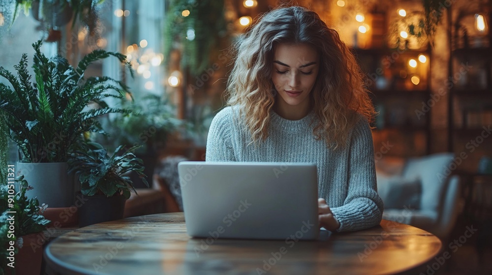 High-resolution image of a laptop with a blank white screen on a wooden table, showcasing a woman using the laptop, with ample space for advertisements and web design templates, ideal for freelance an High-resolution image of a laptop with a blank white screen on a wooden table, showcasing a woman using the laptop, with ample space for advertisements and web design templates, ideal for freelance an