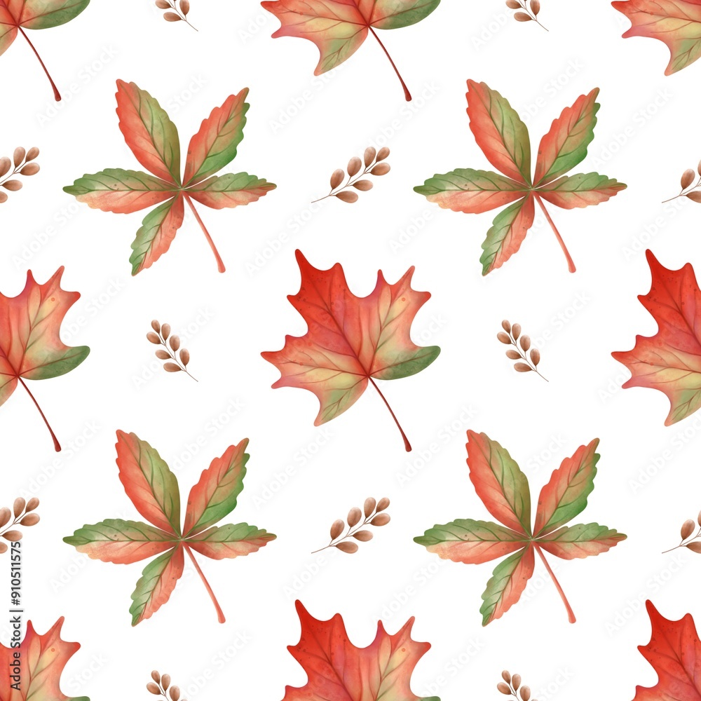 Fototapeta premium Watercolor seamless pattern autumn.Dry leaves decoration.