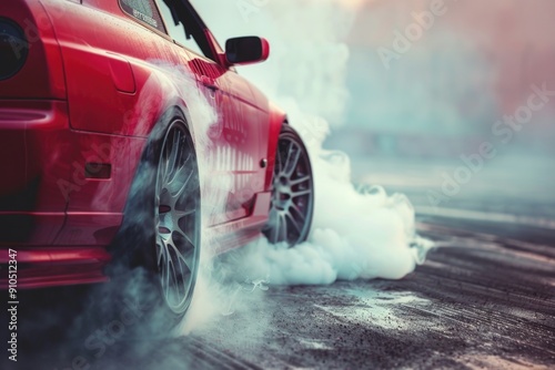 A red car emitting thick smoke, possibly due to an engine malfunction or accident