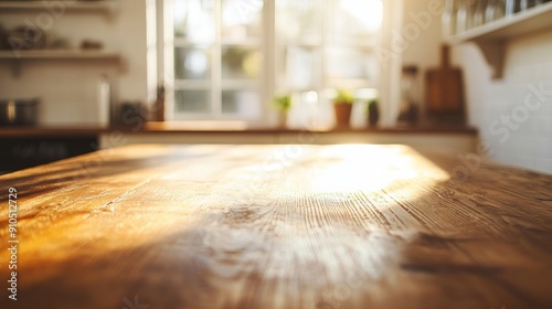A plain, bare wooden table sits in a well-lit kitchen. The background is a blur of bright white and warm golden sunlight.
