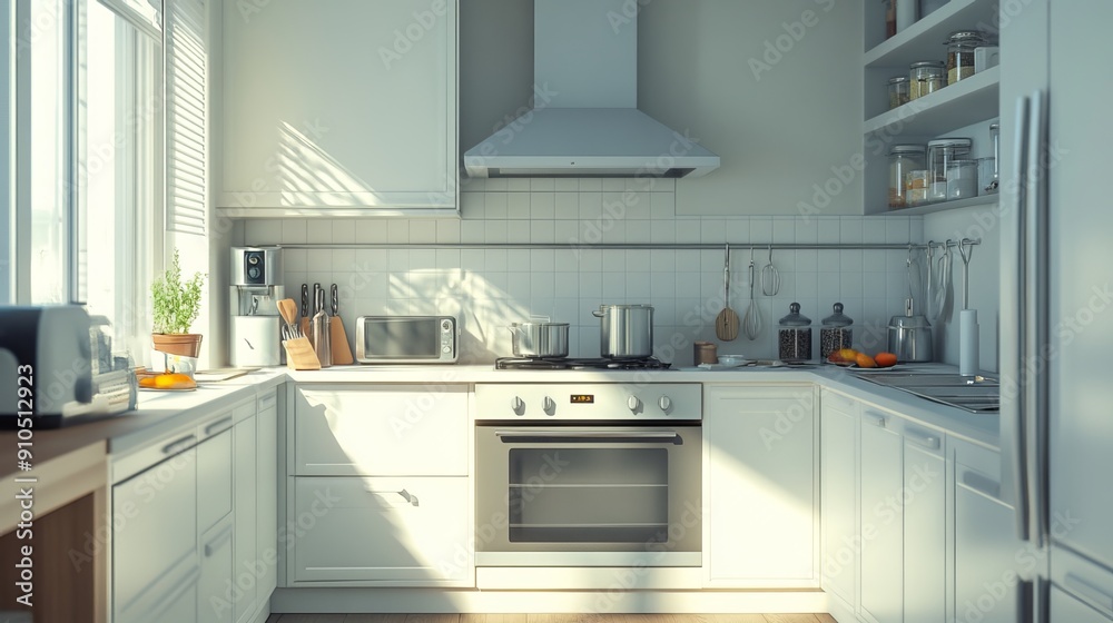 Modern white kitchen with appliances and utensils on hardwood floor. Sink, stove, oven with hood. Cozy cooking space in contemporary apartment. Modern white kitchen with appliances and utensils on hardwood floor. Sink, stove, oven with hood. Cozy cooking space in contemporary apartment.