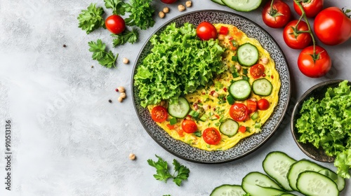 Healthy omelette with vegetables and salad on a plate.