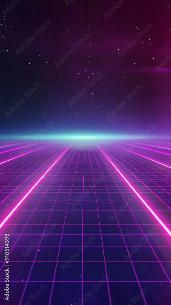 A colorful retro synthwave background featuring neon lights on a grid extending into the distance under a starlit sky A colorful retro synthwave background featuring neon lights on a grid extending into the distance under a starlit sky
