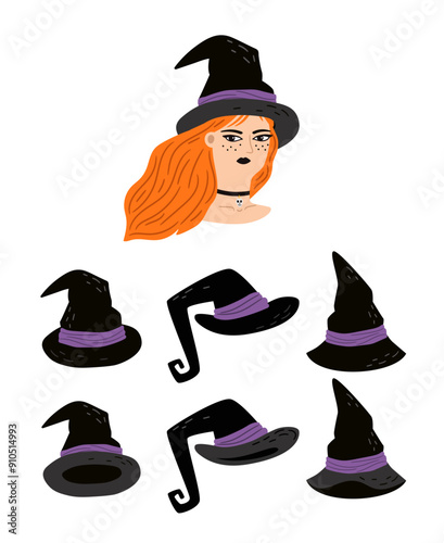 Various black witch hats for the character to try on