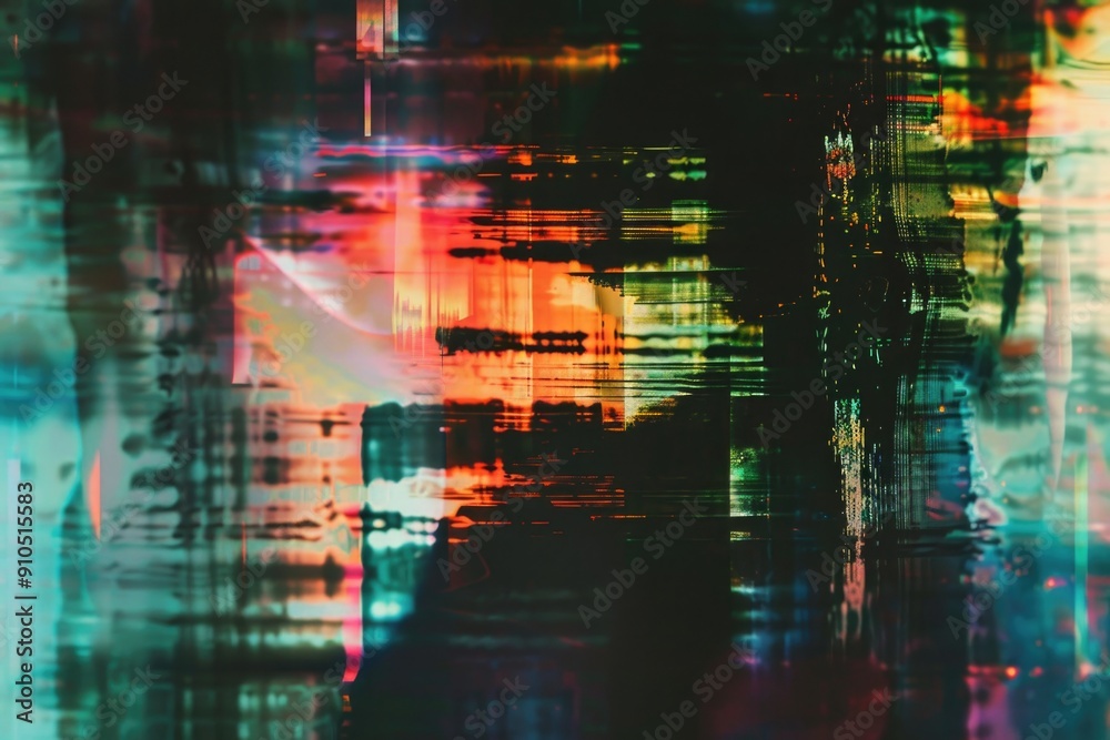 Naklejka premium Abstract representation of a city at night, featuring bold colors and geometric shapes