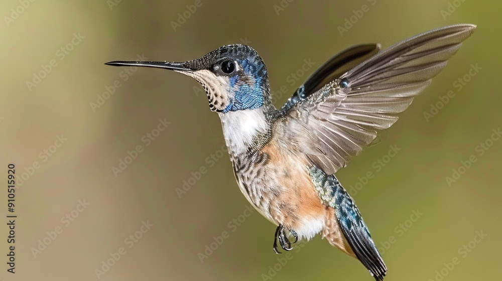 Fototapeta premium A hummingbird flaps its wings against a blurry green-brown-blue background