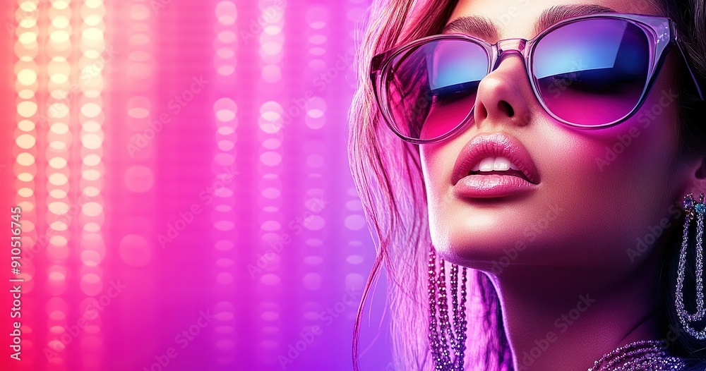 Close-up of a woman wearing sunglasses with a blurred pink and purple background Close-up of a woman wearing sunglasses with a blurred pink and purple background