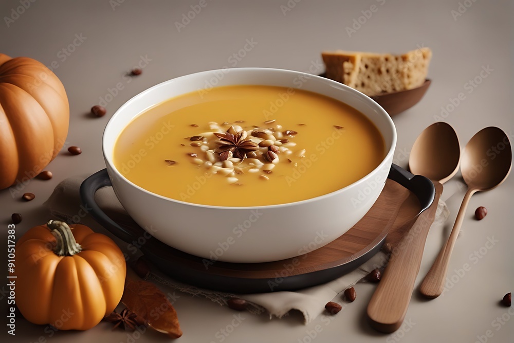 Pumpkin creamy bowl soup served Pumpkin creamy bowl soup served