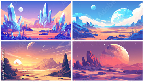 Cartoon alien planet landscape set. Science fiction space game background, fantasy surface with rocks crystals vector illustration