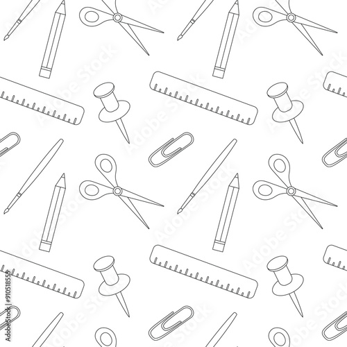 Seamless back to school pattern, school supplies, office items. Background in black and white, doodle style.