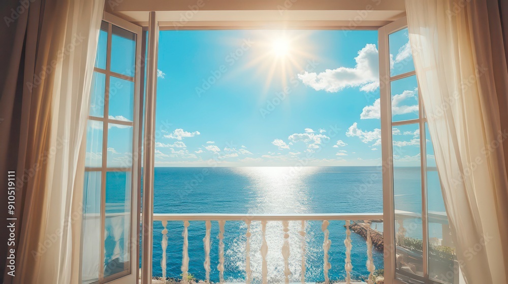 Fototapeta premium Open window with sheer curtains revealing a breathtaking seascape.