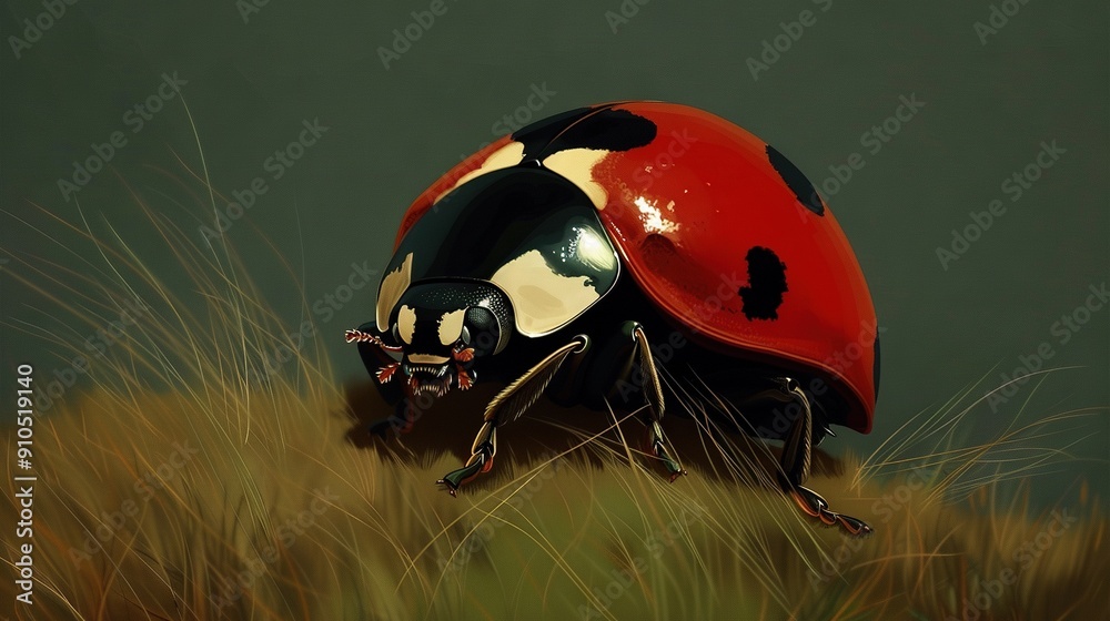 A painting depicts a ladybug resting atop a green hill against a dark background A painting depicts a ladybug resting atop a green hill against a dark background