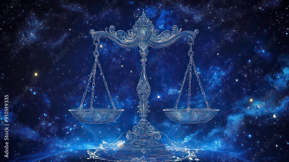 Ornate scales of justice against a starry night sky.