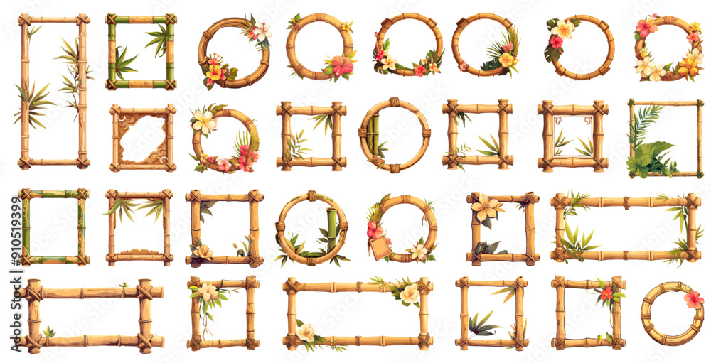Cartoon bamboo frames set. Square, rectangular, round borders with rope leaves and flowers, tropical photo decoration vector illustration Cartoon bamboo frames set. Square, rectangular, round borders with rope leaves and flowers, tropical photo decoration vector illustration