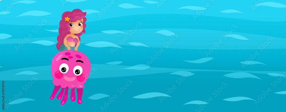 Cartoon ocean and the mermaid in underwater kingdom swimming diving with sea animal illustration for kids Cartoon ocean and the mermaid in underwater kingdom swimming diving with sea animal illustration for kids