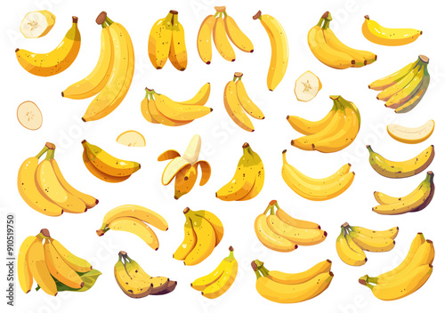 Cartoon banana set. Yellow whole cut tropical exotic fruit with peel, vegan healthy food vector illustration