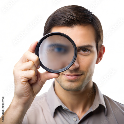 Man examining an object with a magnifying glass