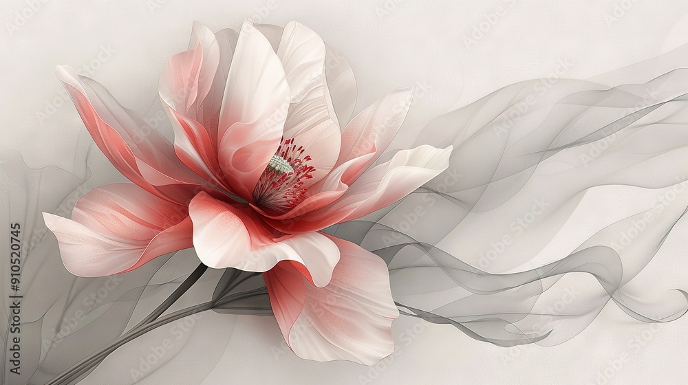 Fototapeta premium Duży biały i czerwony kwiat na biało-szarym tle z czarno-białym wirem w środku