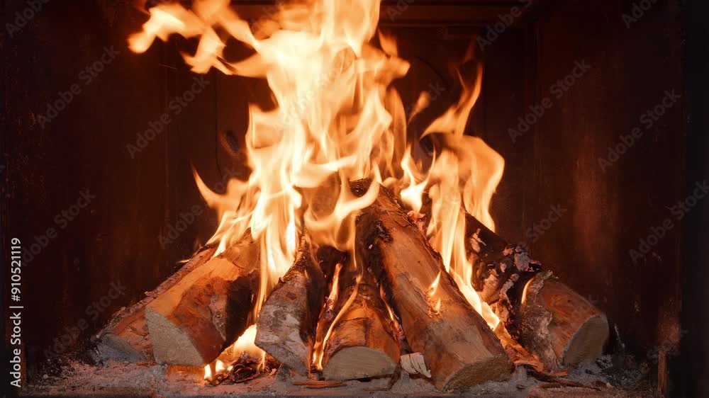 4K - A huge fire in the fireplace