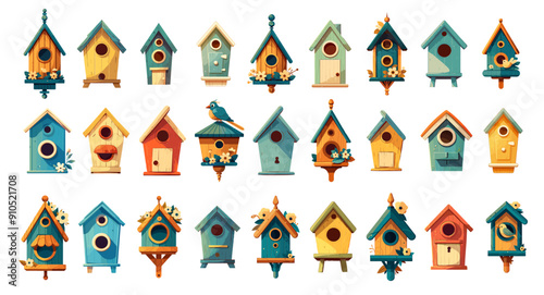 Cartoon bird houses set. Various wooden birdhouses with flowers, spring summer garden decoration, homemade nests vector illustration