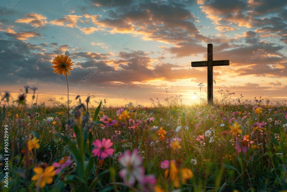 A cross standing in a field of colorful flowers A cross standing in a field of colorful flowers