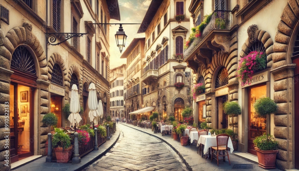 Fototapeta premium A alleyway in Florence, with classic buildings feature ornate facades and balconies with flowers