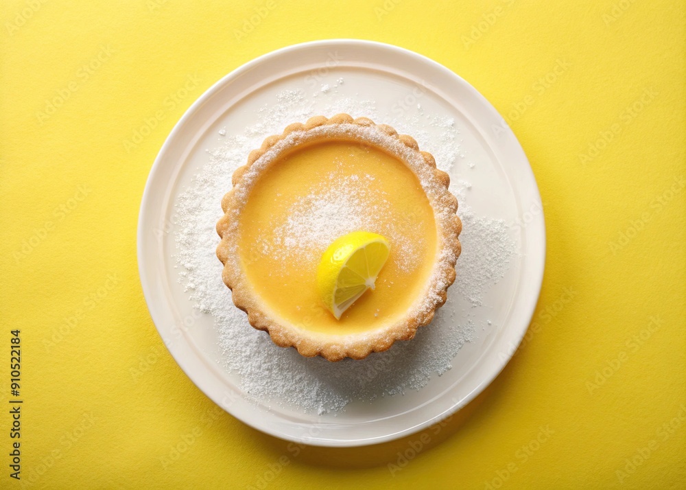 Lemon tart on a white porcelain plate, solid pastel yellow background, top-down view, garnished with powdered sugar and lemon zest.
Lemon tart on a white porcelain plate, solid pastel yellow background, top-down view, garnished with powdered sugar and lemon zest.