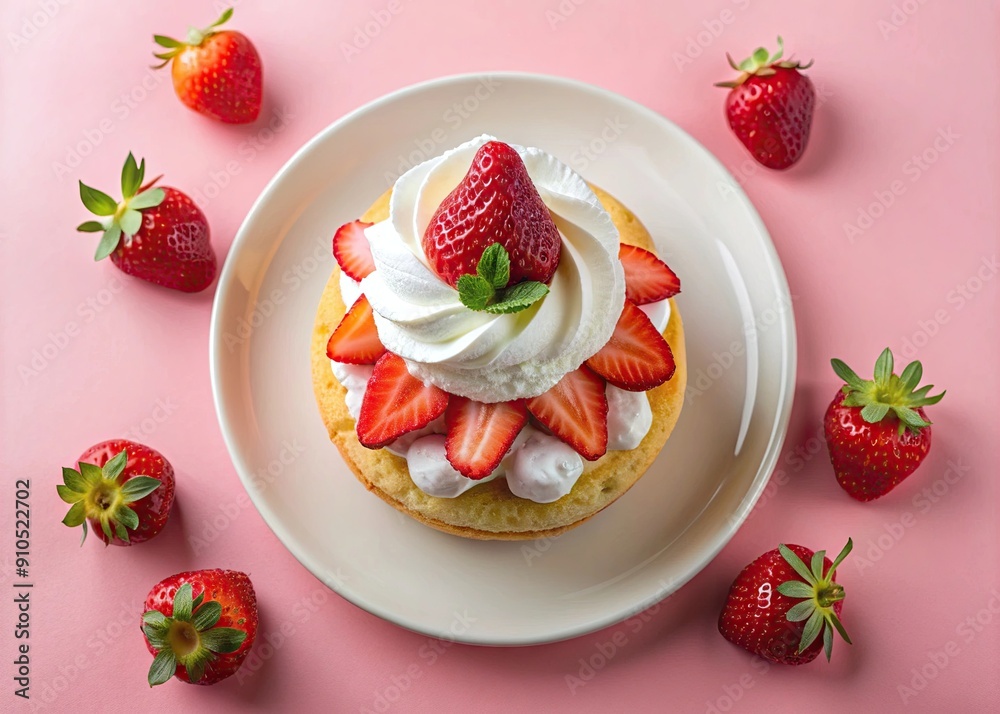 Strawberry shortcake on a white ceramic plate, solid pastel pink background, top-down view, fresh strawberries and whipped cream.
Strawberry shortcake on a white ceramic plate, solid pastel pink background, top-down view, fresh strawberries and whipped cream.